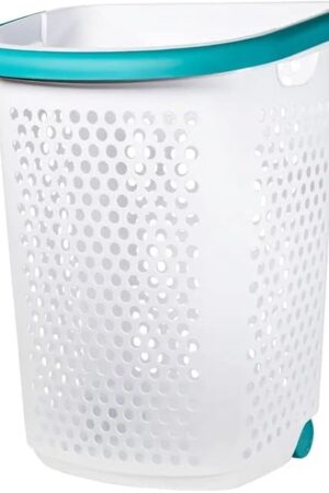Wheeled Design Clothes Laundry Basket, 70.52 Liter Capacity Mind Reader Basket Collection, 2 Bushel Rolling Plastic Laundry Hamper with Pop-up Handle, White, Large