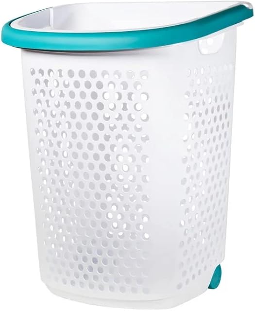 Wheeled Design Clothes Laundry Basket, 70.52 Liter Capacity Mind Reader Basket Collection, 2 Bushel Rolling Plastic Laundry Hamper with Pop-up Handle, White, Large