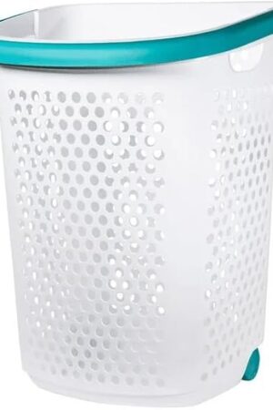 2 Bushel Rolling Plastic Laundry Hamper with Pop-up Handle, White, Adult/Tween