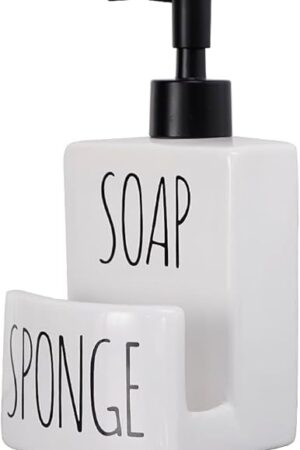 Ceramic Dish soap Dispenser with Sponge Holder Hand and Dish Soap Dispenser Set for Kitchen 2-in-1 Countertop Soap Pump Dispenser for Kitchen Sink, Useful Kitchen Gadgets - Modern Farmhouse White