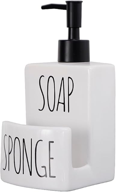 Ceramic Dish soap Dispenser with Sponge Holder Hand and Dish Soap Dispenser Set for Kitchen 2-in-1 Countertop Soap Pump Dispenser for Kitchen Sink, Useful Kitchen Gadgets - Modern Farmhouse White