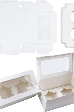30 Pack White Paper Cupcake Boxes with 2 Cavity Cookie Gift Boxes with Clear Window 2 Treat Holder Cupcake Containers Bakery Cake Box