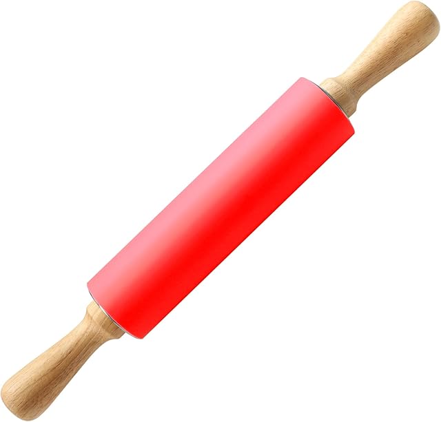 15-inch Silicone Rolling Pin for Baking, Stainless Steel Roller, Non-stick Surface and Comfortable Wood Handles