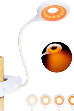 Clip-on Reading Light for Bed - Amber Book Read Light Rechargeable 5 Brightness Desk Light Clamp Lamp, Touch Control Dimmable Lamp with Flexible Neck, Gentle Night Light(White)