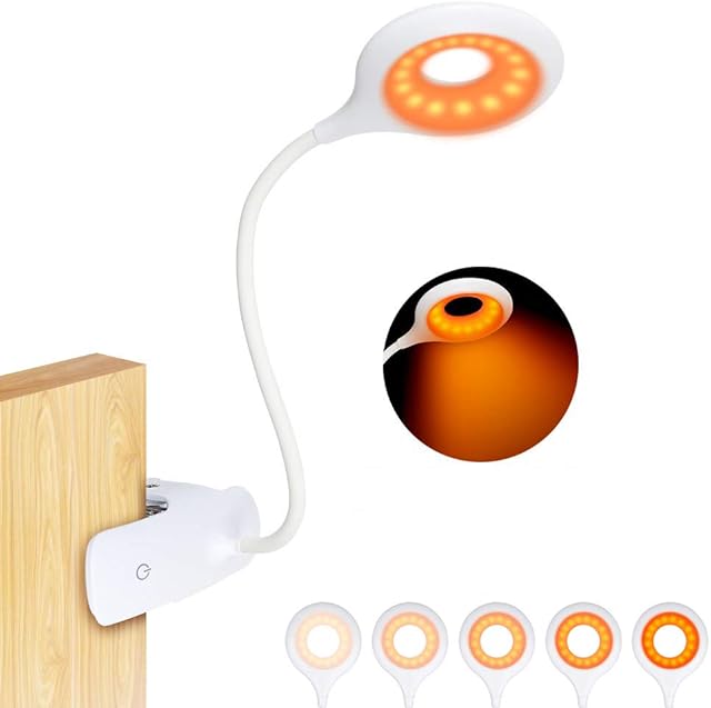 Clip-on Reading Light for Bed - Amber Book Read Light Rechargeable 5 Brightness Desk Light Clamp Lamp, Touch Control Dimmable Lamp with Flexible Neck, Gentle Night Light(White)