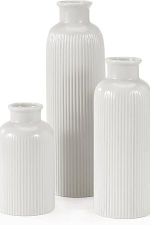 White Ceramic Vase Set of 3, Boho Modern White Flower Vase Room Decor, Farmhouse Decor, Vases for Your Kitchen, Bathroom, Bedroom, Living Room, Office&Shelf Centerpiece Table Decorations