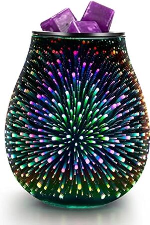 3D Glass Electric Wax Melt Warmer Oil Burner with Stable Heating PTC Reusable Silicone Tray 7 Colorful Changing Led Light Night Light Scent Warmer for Home Fragrance Warmers(3D Firework)…