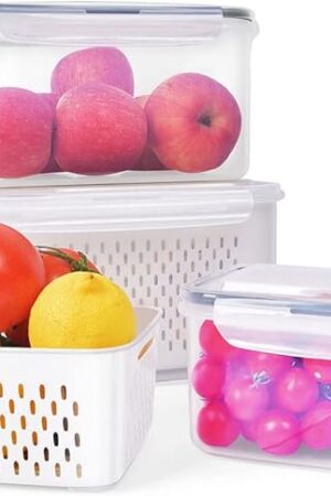 3 Pack Produce Saver Containers for Fridge with Lids - Fruit and Vegetable Storage Containers for Refrigerator, BPA-Free, Airtight, Dishwasher Safe, Keep Fresh Longer