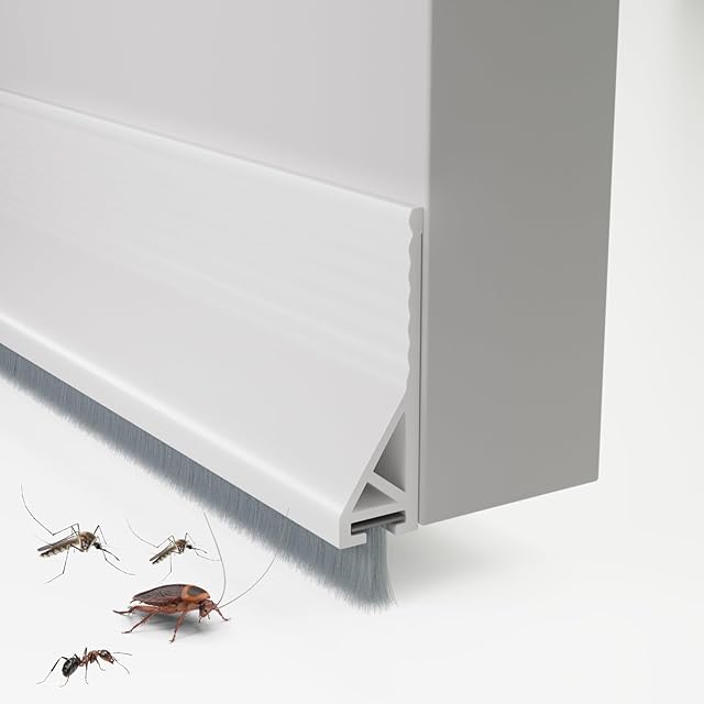 Door Draft Stopper with Brush, 39" Door Sweep for Bottom of Door, Self Adhesive Weather Stripping for Bottom of Door, Under Door Seal Dust/Noise/Hot or Cold Air Insulation, White, 1 Pack