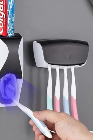 Automatic Toothbrush Dispenser Wall Mount Toothpaste Squeezer and Toothbrush Holder Set for Kids Family Bathroom Use (Black)