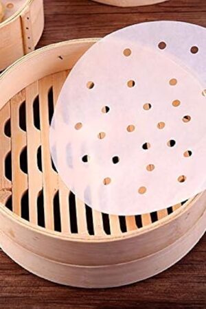 200pcs Air Fryer Liners, 8 inches Bamboo Steamer Liners, Premium Perforated Parchment Steaming Papers, Non-stick Steamer Mat Liner for Air Fryers Baking Cooking Oven