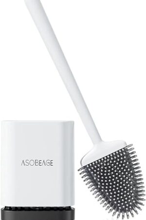 ASOBEAGE Deep Cleaner Toilet Brush: Silicone Toilet Brush with No-Slip Long Plastic Handle and Flexible Bristles, Quick Drying Holder Set for Toilet（White）