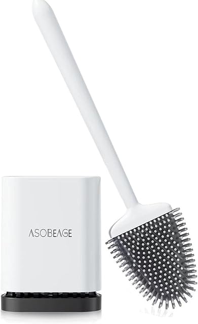 ASOBEAGE Deep Cleaner Toilet Brush: Silicone Toilet Brush with No-Slip Long Plastic Handle and Flexible Bristles, Quick Drying Holder Set for Toilet(White)