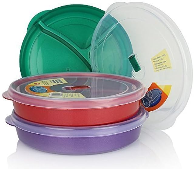 Chef's Choice Regent Products (Set of 3) Microwave Food Storage Tray Containers - 3 Section/Compartment Divided Plates w/Vented Lid