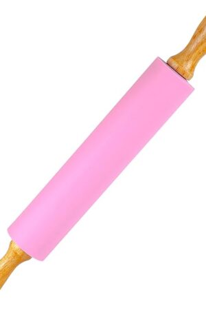 [mase home] Silicone Rolling Pin for Baking – 17" Non-Stick Dough Roller with Wooden Handles (Pink)