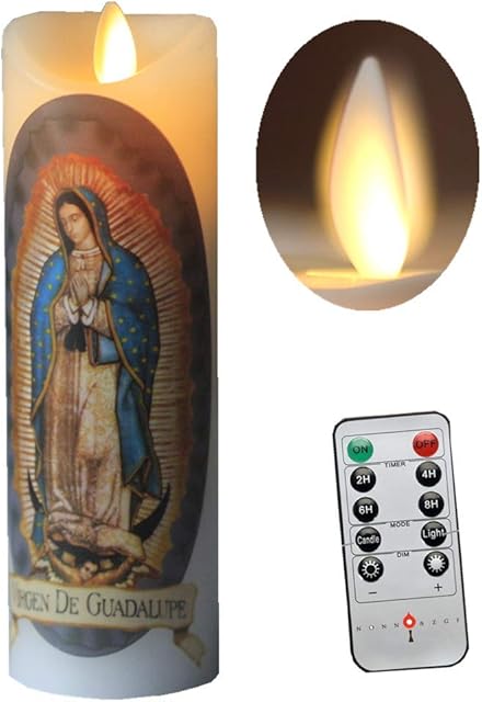 Moving Wick Flameless Our Lady of Guadalupe Prayer Candle, Real Wax, Virgin Mary Devotion Battery Operated Pillar Candles with Remote Timer Function, Bright Flickering Light