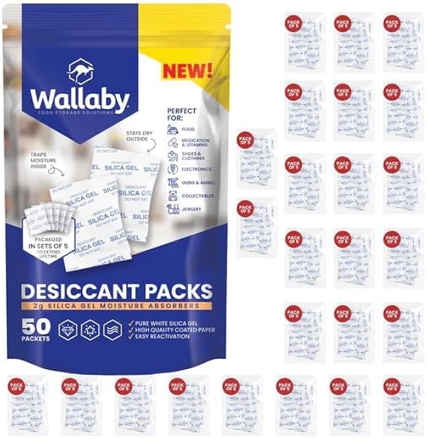 Wallaby 2 gram (50 Packets) Food Safe Pure White Silica Gel Desiccant Dehumidifier Packs - Rechargeable & Coated Moisture Absorbers - Protects Against Moisture Damage - (Packed in 10x Sets of 5)