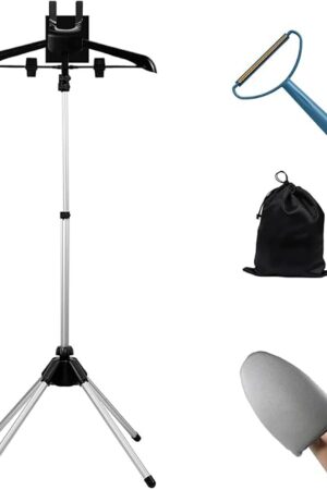 Adjustable Height Garment Steamer Stand with Ironing Gloves, Foldable Steamer Hanger Rack for Clothes with Storage Accessories, Stable Steam Ironing Stand for Home and Commercial Use. (Blue)