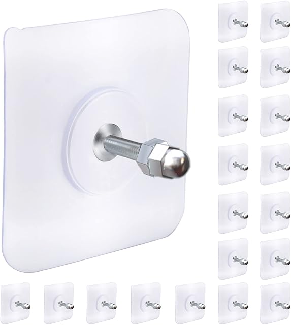 AIERSA Heavy Duty Adhesive Hooks, Wall Hooks for Hanging, Screw Free Sticker, Seamless Screws for Wall Mount, 2 in 1 Reusable, White, 20 Pcs, 16mm