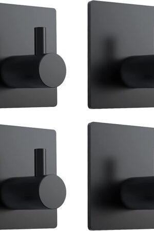 VIS'V Adhesive Towel Hooks, Waterproof Shower Wall Stick on Hooks, 2 Extra Adhesive Strips, Black, 4 Pcs