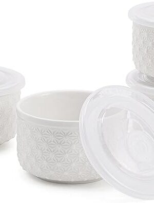 10 oz Set of 4 Oven-Safe Porcelain Ramekins with Lids, Large White Souffle and Creme Brulee Baking Dishes, Ramekin Bowls for Sauce and Dessert