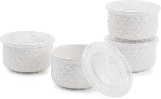10 oz Set of 4 Oven-Safe Porcelain Ramekins with Lids, Large White Souffle and Creme Brulee Baking Dishes, Ramekin Bowls for Sauce and Dessert