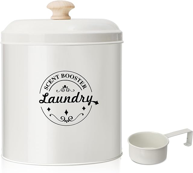 Laundry Scent Booster Beads Dispenser - Metal Farmhouse Laundry Room Decor - Organizing Container for Detergent, Powder (Cream)