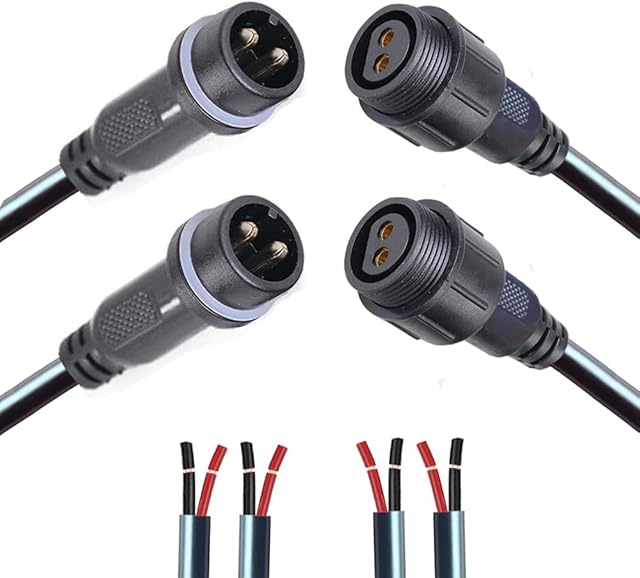 2Pin Waterproof Connector,2 Wire Male Female Plug LED Connector,with 12AWG IP68 25CM Extension Cable, for Car, Boat,Truck,Indoor/Outdoor LED Strip Lights.(2Pairs 2Pin 12AWG)