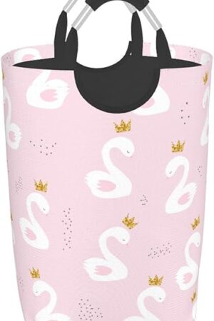 Cute Swan Princess with Crown Laundry Basket with Handles Laundry Hamper Toys Storage Organizer Foldable Bucket Washing Bin Dirty Clothes Bag for Home Bathroom Bedroom Dorm