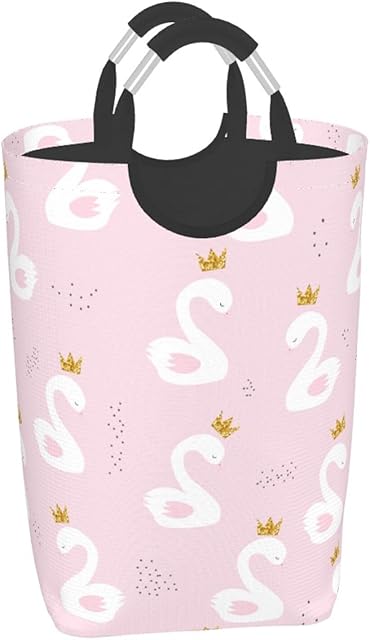 Cute Swan Princess with Crown Laundry Basket with Handles Laundry Hamper Toys Storage Organizer Foldable Bucket Washing Bin Dirty Clothes Bag for Home Bathroom Bedroom Dorm