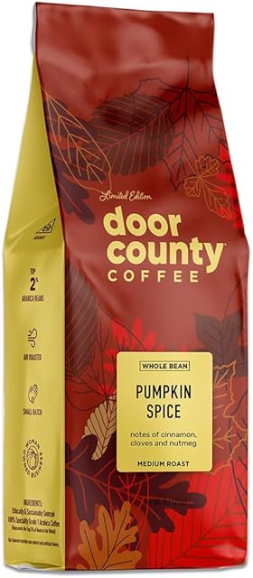 Door County Coffee Pumpkin Spice Flavored Coffee Whole Bean | 8 oz Bag | Fall Seasonal | Medium Roast | 100% Specialty Arabica | Cinnamon & Nutmeg Flavored