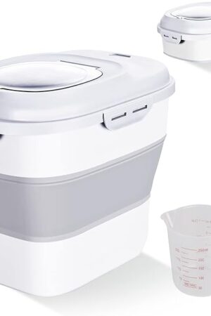Cereal Rice Food Storage Containers, Collapsible 20 to 50 Lbs Dispenser Bin with Rolling Wheel Airtight Locking Lid, Dog Pet Cat Flour Sugar Plastic Leakproof Sealable Large Kitchen Pantry Holder