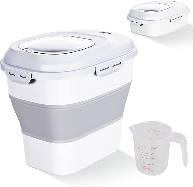 Cereal Rice Food Storage Containers, Collapsible 20 to 50 Lbs Dispenser Bin with Rolling Wheel Airtight Locking Lid, Dog Pet Cat Flour Sugar Plastic Leakproof Sealable Large Kitchen Pantry Holder