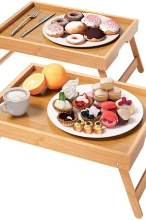 2 Pack Bamboo Bed Tray Table with Folding Legs,Breakfast Trays,Serving Tray for Food and Snack,Laptop Trays for Working(Natural)