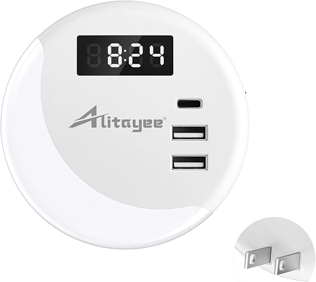 Alitayee LED Night Light, Night Lights Plug Into Wall, Smart Light Sensor Nightlight with USB C Charger(MAX 15.5W) and Digital Clock for Bedroom Stairs Kitchen Hallway Room Kids Adults Daylight White