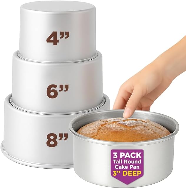 Tall Round Cake Pans - 4-inch, 6-inch, 8-inch Cake Pan Set for 3-Tiered Cake - Aluminum Cake Pans Sets for Baking Wedding or Birthday Cakes and More