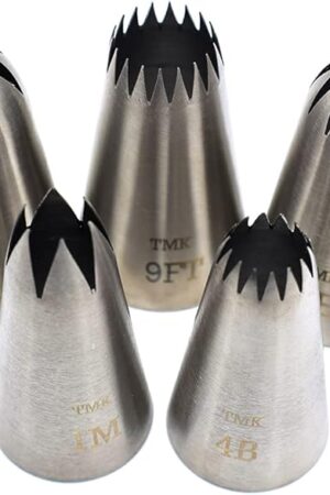 5 Pack Stainless Steel Seamless Piping Icing Tips #9FT 1C 1E 1M 4B, Large Star Piping Nozzle, Cake Decorating Tools for Baker