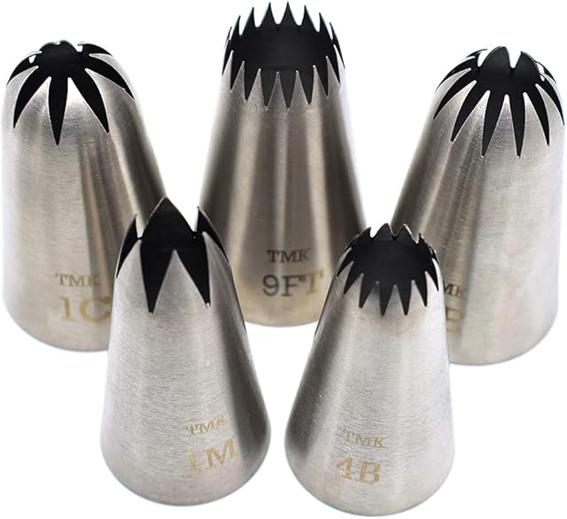 5 Pack Stainless Steel Seamless Piping Icing Tips #9FT 1C 1E 1M 4B, Large Star Piping Nozzle, Cake Decorating Tools for Baker