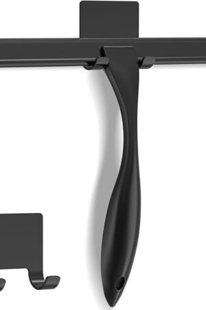 All-Purpose Stainless Steel Shower Squeegee for Shower Glass Door with Adhesive Hook, Bathroom Cleaner Tool Household Window Mirror Squeegee for Glass Doors, Cleaning Tile Wall, Car, 10 inch, Black