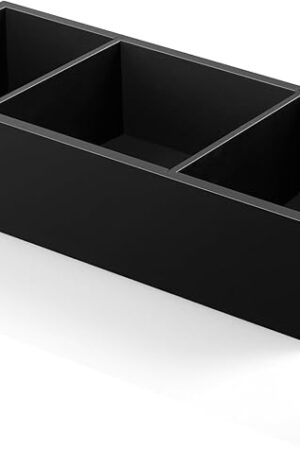 14 Inch Bathroom Basket with Removable Dividers - 3 Comparments Wood Toilet Paper Basket with Handle for Back of Toilet Tank Topper - Black Storage Organizer for Bathroom Kitchen Pantry Organization