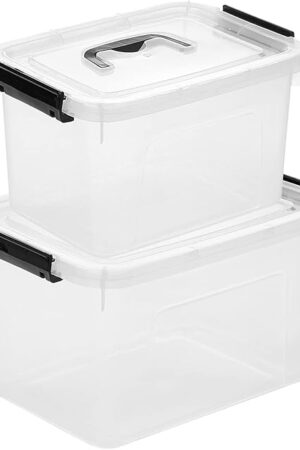 Clear Storage Latch Box/Bin, 2-Pack Plastic Organizing Container with Handle and Lids (7 QT/16QT)