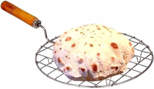 AnNafi® Multi-Purpose Round Roti Jali Papad Grill Chapati Jari Griller Pan| Big Roasting Net, Stainless Steel Multifunctional Wire Steaming Cooling & Baking Barbecue Rack Roaster with Wooden Handle