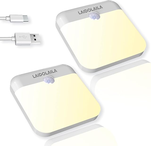 2 Pcs Magetic Night Light Motion Sensor Cruise Ship Approved with USB Cable LED Rechargeable Battery for Indoor Use in Bathroom Hallway Cabin Toilet Bed Stair Automatic Motion for Travel