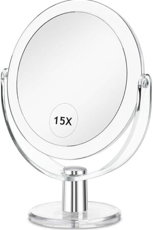 Vanity Makeup Mirror with Stand, 1X/15X Magnification Double Sided 360 Degree Swivel, Portable Table Desk Counter top Magnifying Mirror, Tabletop Bathroom Shaving Mirror, 6.25 Inch