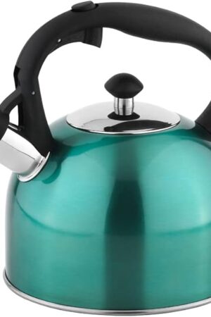Amazon Basics Stainless Steel Tea Kettle, Hot Water Kettle with Whistle Spout, Fast Boiling, Ergonomic Handle, 2.4-Quart, Teal
