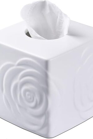 White Ceramic Rose Tissue Box Cover, Carved Flowers Large Square Tissue Box Holder Decorative for Bathroom, Vanity, Kitchen Countertop, Bedroom Night Stands, Office Desk Top