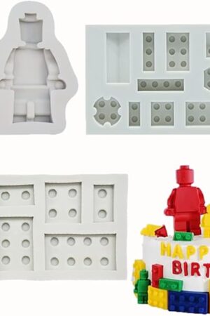 3pcs Building Bricks Robots Silicone Molds for DIY Fondant Candy Making Tools Chocolate Mold Desserts Ice Cube Gum Clay Biscuit Plaster Resin Cupcake Topper Cake Border Decor Moulds