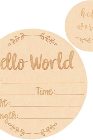 Wooden Baby Announcement Sign, 5.9Inches Hello World Newborn Signs, Double Sided Birth Announcement Sign, Lovely Babies Name Plaques for Photo Prop Ba-by Shower Hospital Nursery Gift.