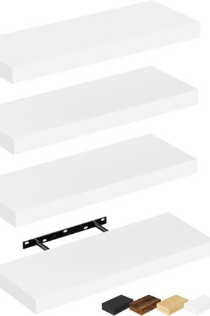Bellsal Floating Shelves for Wall, White Engineered Wood Wall Shelf Set of 4, 16" Wall Mounted Floating Shelf for Kitchen, Living Room, Bedroom, Bathroom Storage, Book Shelf for Walls Home Decor