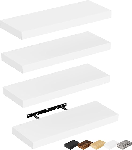Bellsal Floating Shelves for Wall, White Engineered Wood Wall Shelf Set of 4, 16" Wall Mounted Floating Shelf for Kitchen, Living Room, Bedroom, Bathroom Storage, Book Shelf for Walls Home Decor